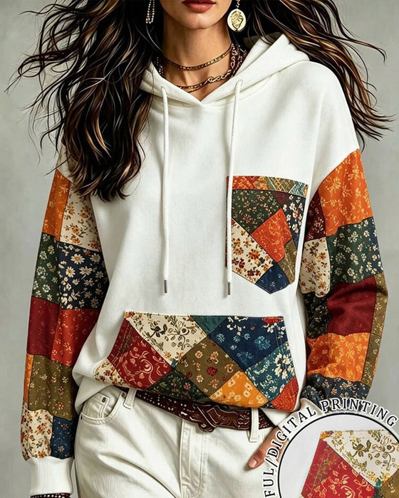 Hoodie Patchwork Imprimé Capuche