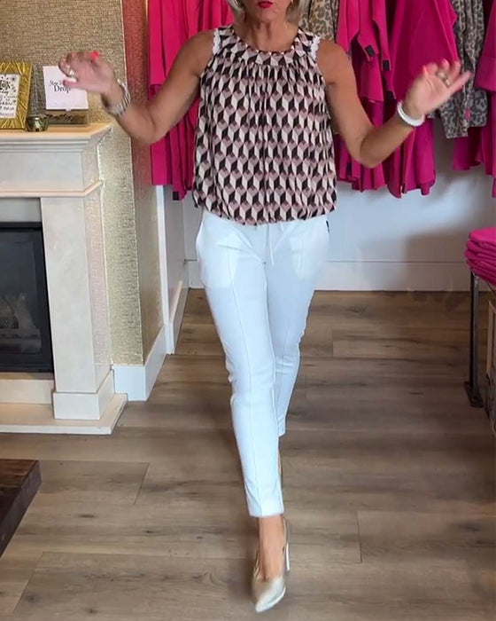 Haut décontracté à col ras du cou sans manches et imprimé diamant