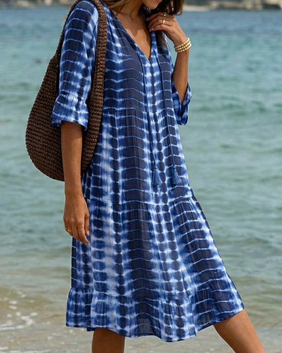 Robe Col V Ton Bleu Imprimé