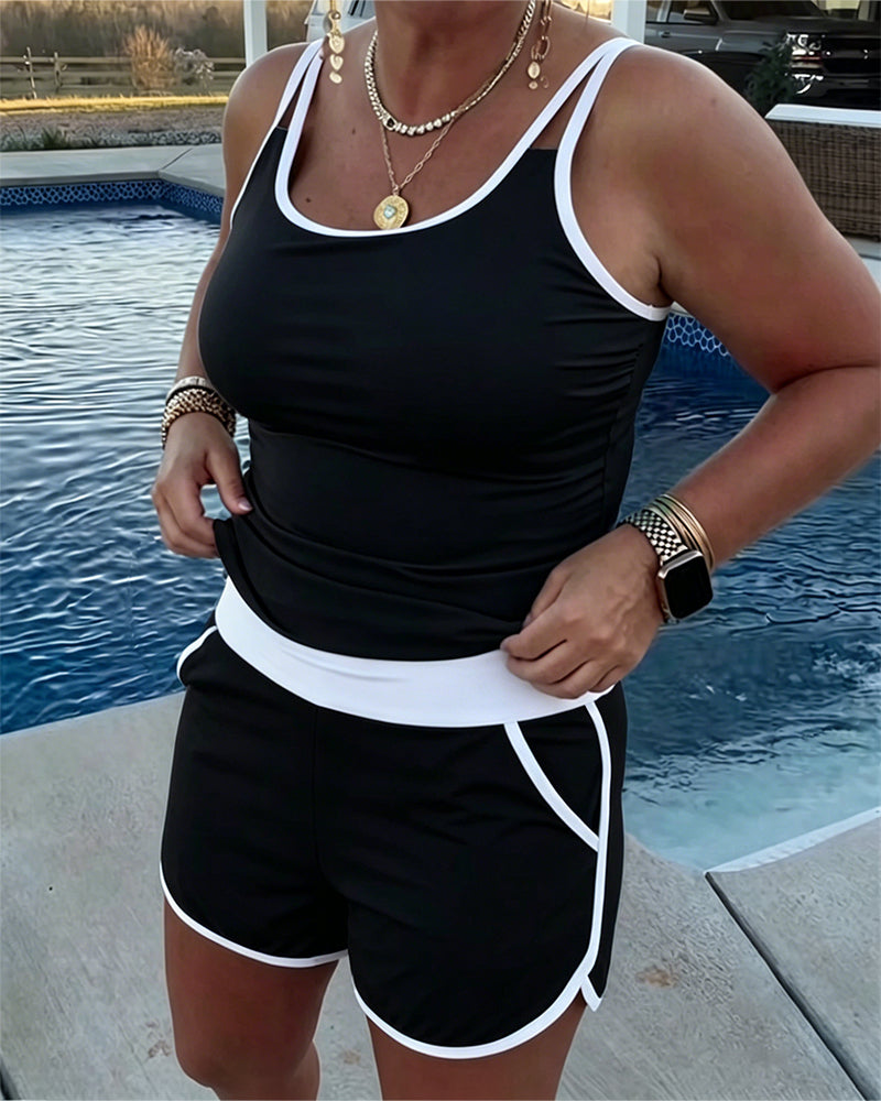 Tankini Avec Contraste De Couleur Passepoil Appliqué