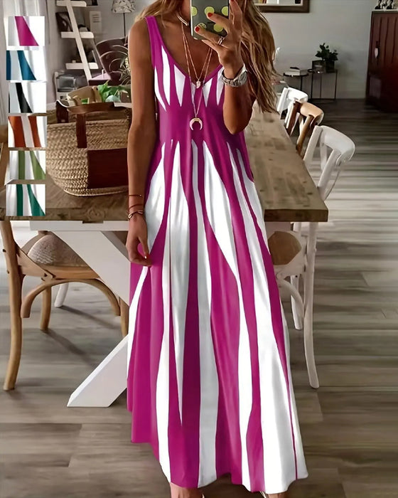 Robe Rayée Patchwork Bretelles Col V