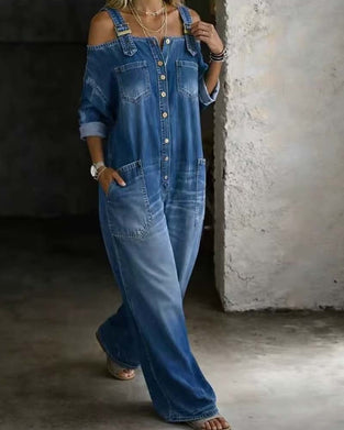 Jumpsuit Bretelle Spaghetti Épaule Dégagée Jambe Large Denim