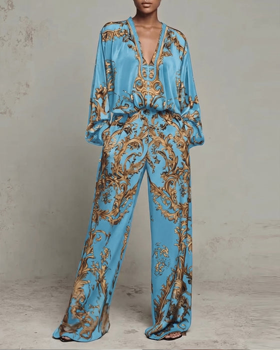 Ensemble Col En V Manche Lanterne Large Jambe Pantalon