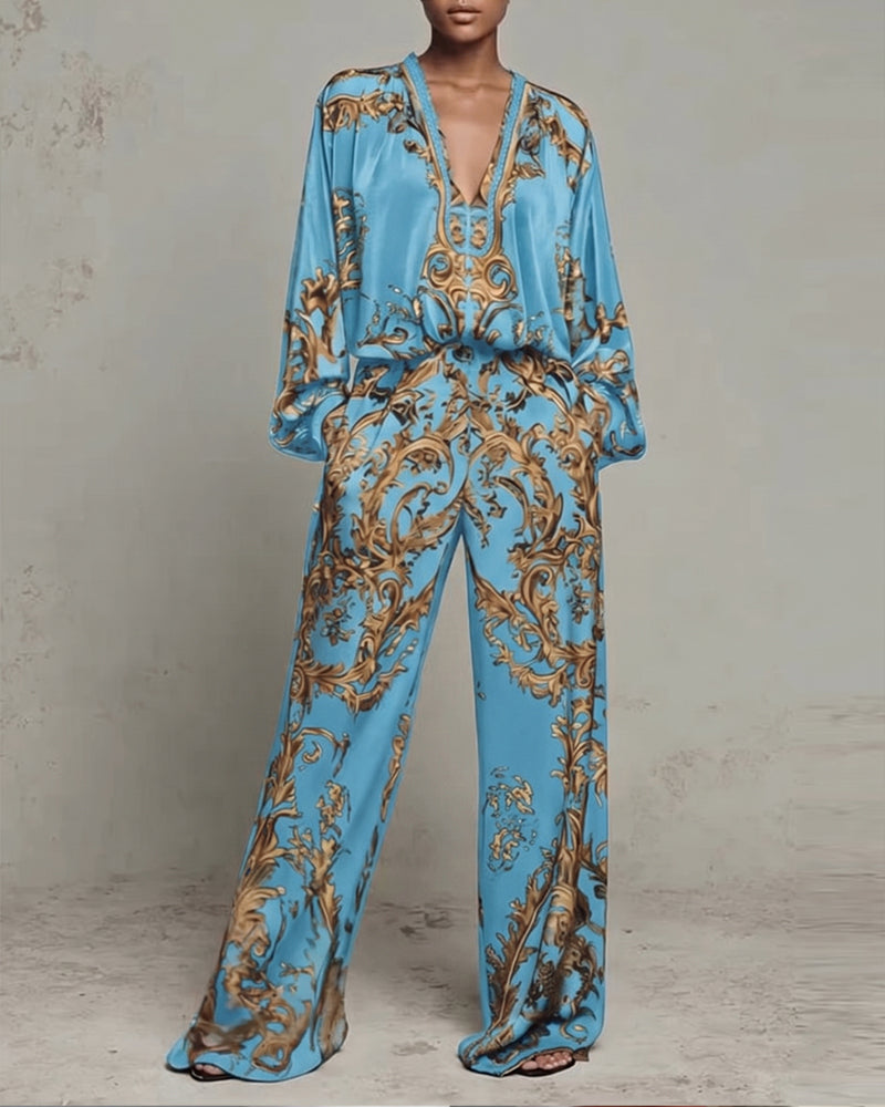 Ensemble Col En V Manche Lanterne Large Jambe Pantalon