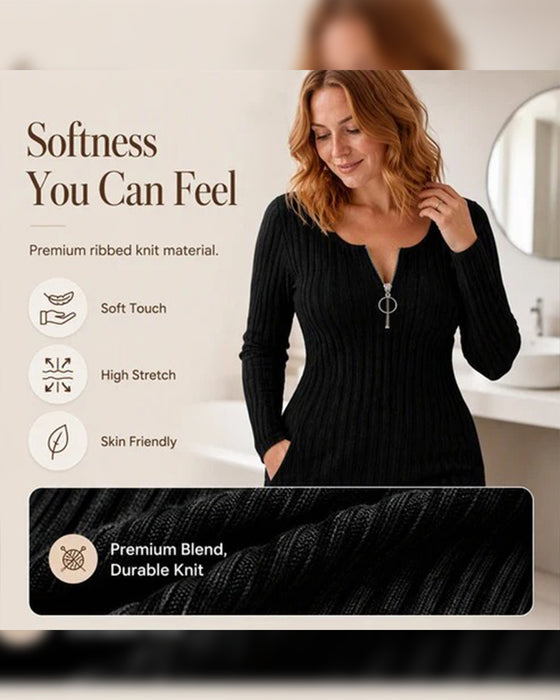 Robe Fermeture Éclair Côtes Manches Longues Bodycon