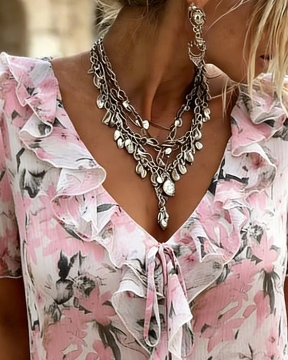 Blouse Col V Volant Manche Bouffante