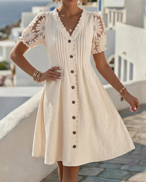 Robe Manches Ballon Tournesol Dentelle Patchwork