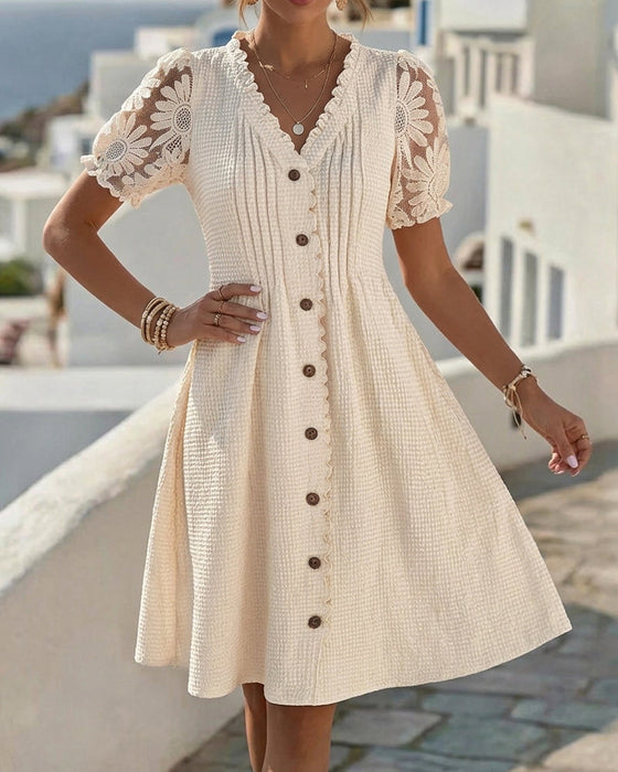 Robe Manches Ballon Tournesol Dentelle Patchwork