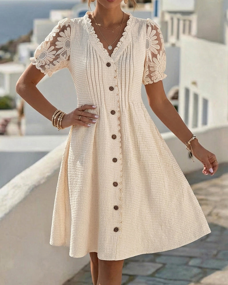 Robe Manches Ballon Tournesol Dentelle Patchwork