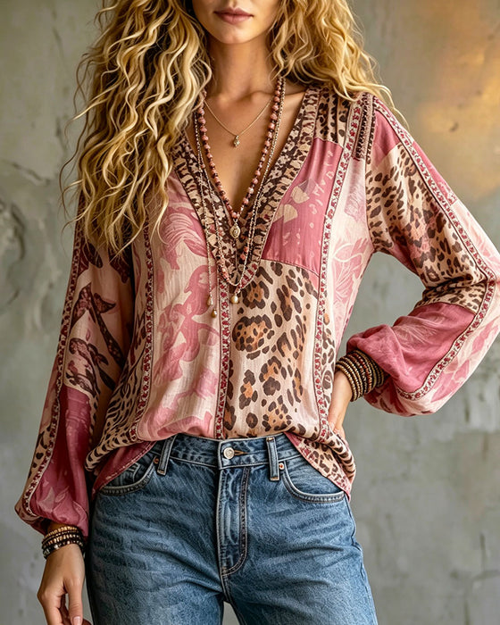 Blouse Col V Léopard Imprimé Bloc Couleur Manche Lanterne
