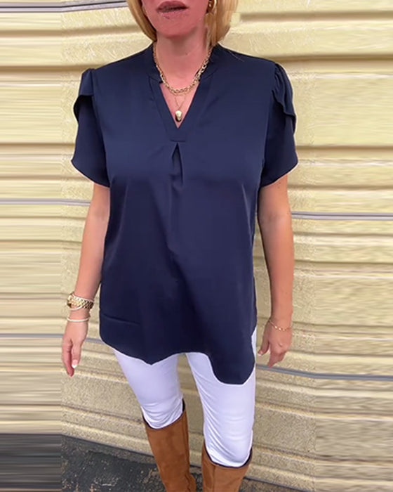 Blouse Unie Col En V Plissée Passe-Partout