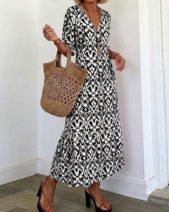Robe Col En V Manches Mi-Longues Volant Coupe A