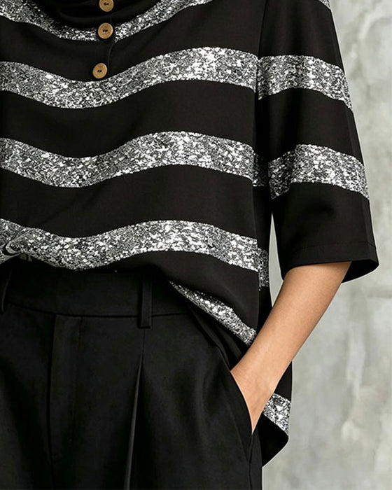 Blouse Rayure Géométrique Taille Cintrée Cordon De Serrage