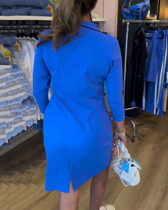 Robe Col Unie Fermeture Éclair Manches Longues