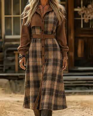 Robe Patchwork À Carreaux Ceinturée Chemise
