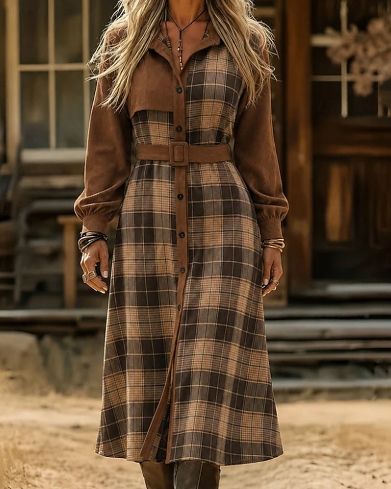 Robe Patchwork À Carreaux Ceinturée Chemise