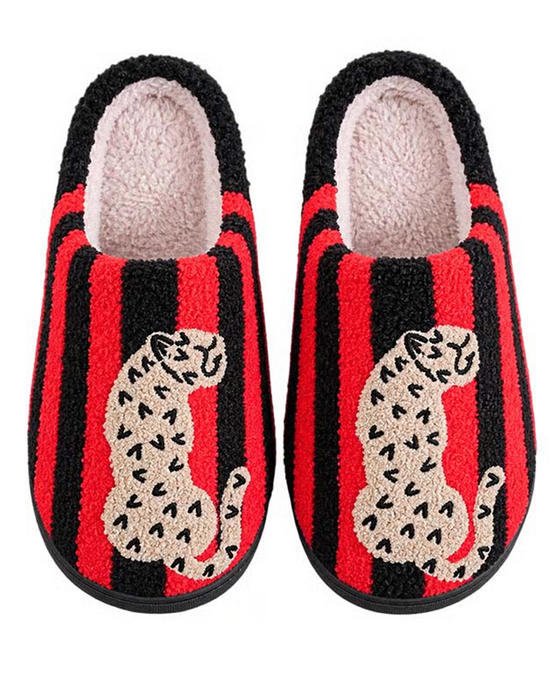 Damen Retro Gestreift & Leopard Flauschige Pantoffeln