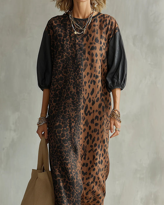 Robe Léopard Imprimé Bloc Couleur Manche Bouffante