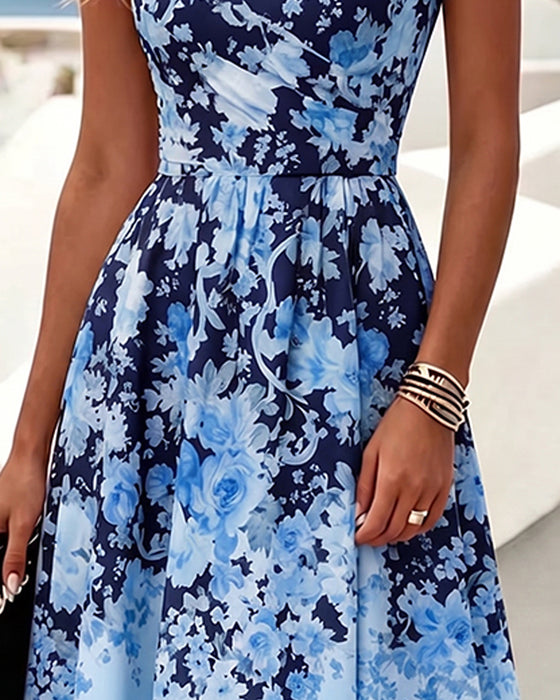 Robe Sans Manches Col Rond Taille Haute Imprimée
