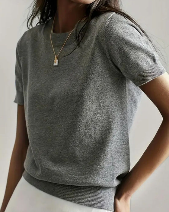 Pull-Over Col Rond Manches Courtes Tissu Fin Tissé