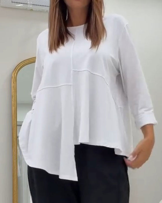 Haut Col Rond Patchwork Asymétrique Unie