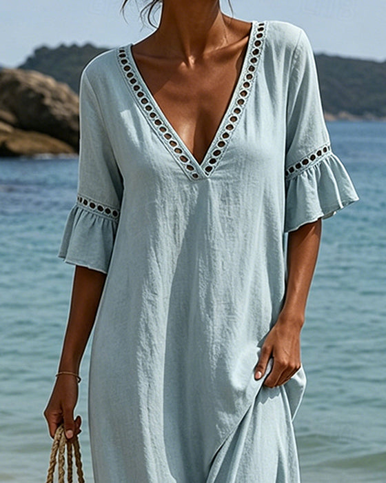 Robe Profond V Volant Manche Évidé Dentelle