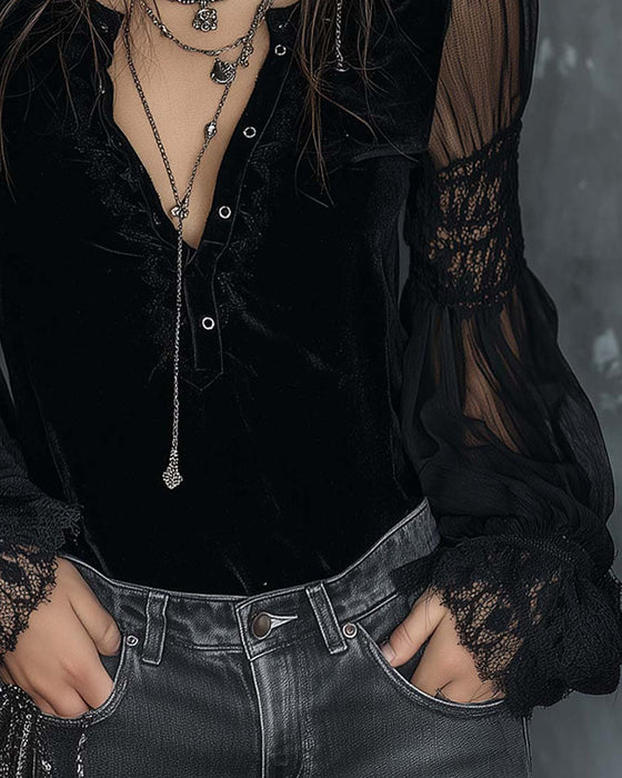 Blouse Boutonnée V-Col Manche Bouffante