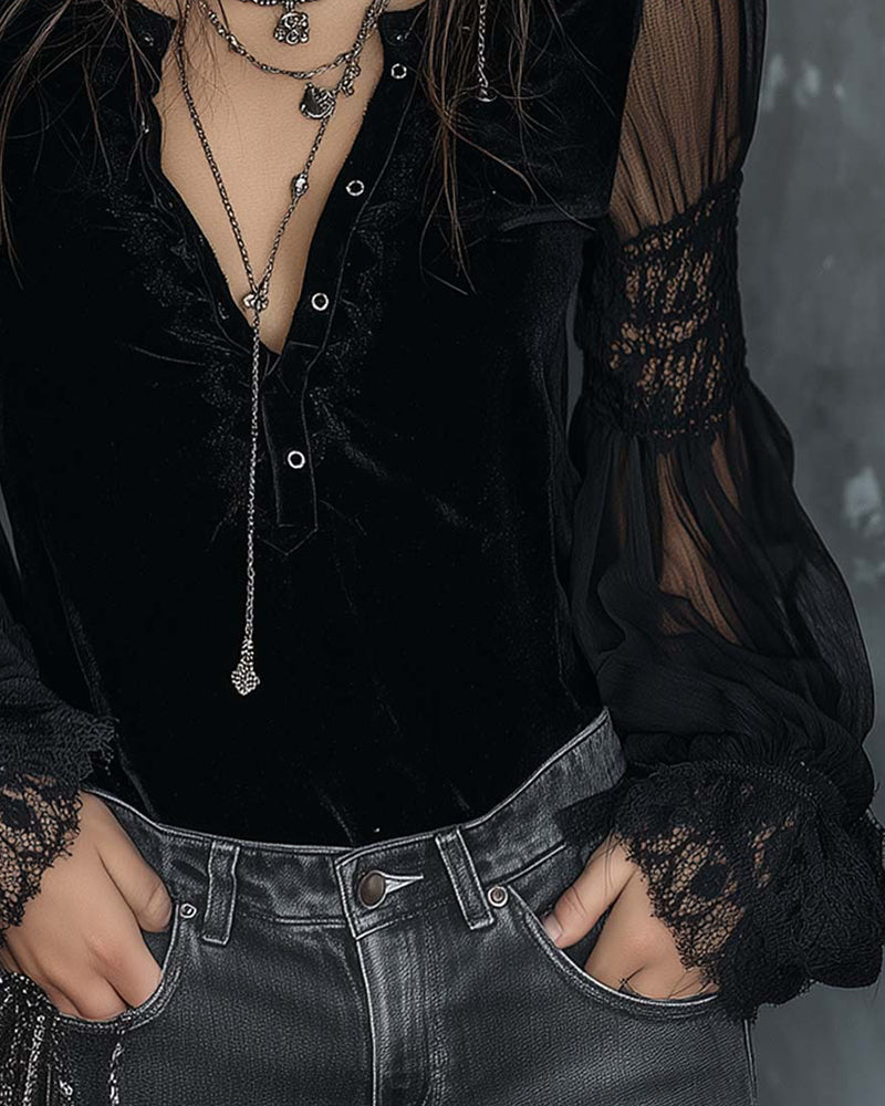 Blouse Boutonnée V-Col Manche Bouffante