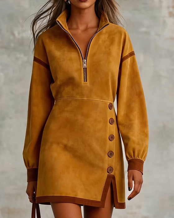 Robe Demi Fermeture Éclair Col Montant Cintrage Taille Court