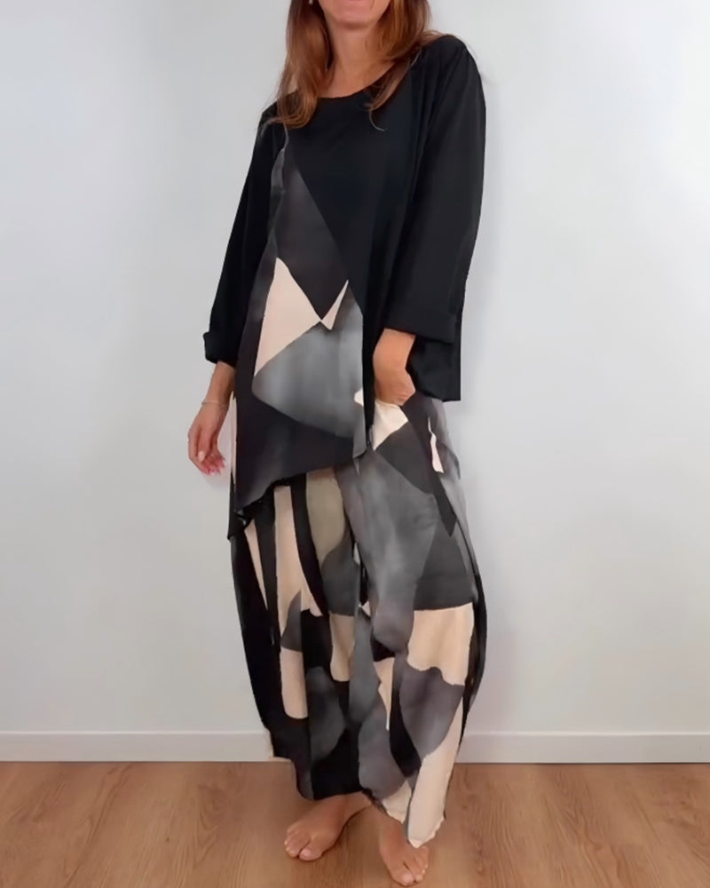 Ensemble Deux-Pièces Imprimé Géométrique Décontracté Pantalon Large