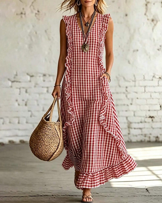 Robe Col V Volant Carreau Sans Manches Maxi