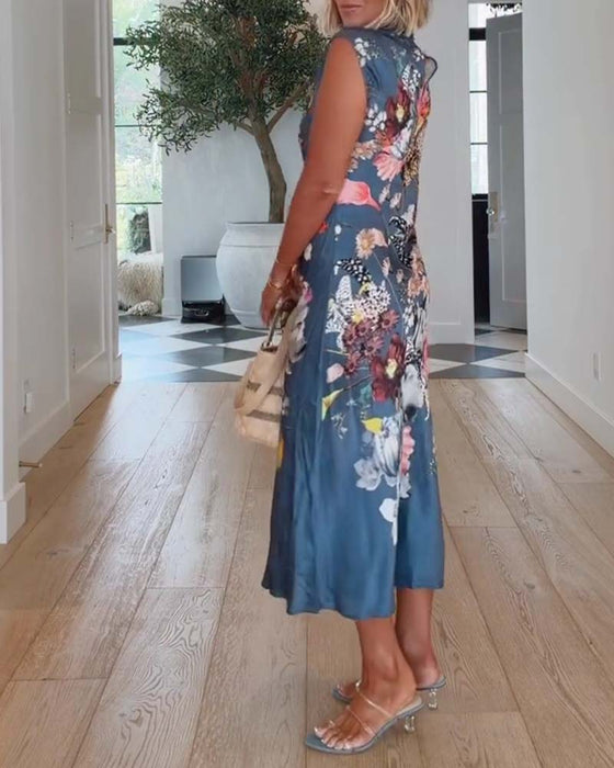 Robe Col Haut Sans Manches Florale Ajustée