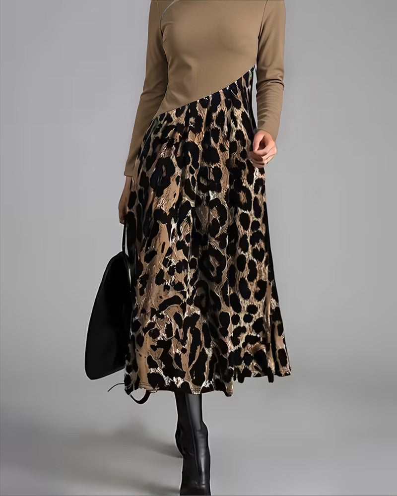 Robe Col Rond Léopard Jupe Ample