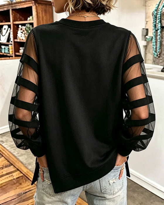 Sweatshirt Col Rond Fente Couleur Unie Tulle