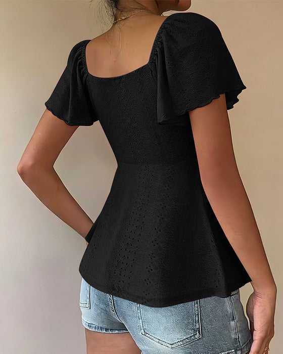 Blouse Ajourée Cordon Manches Courtes Unie