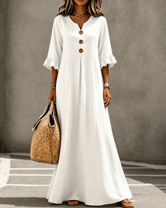 Robe Col En V Bouton Volant Jupe Ample
