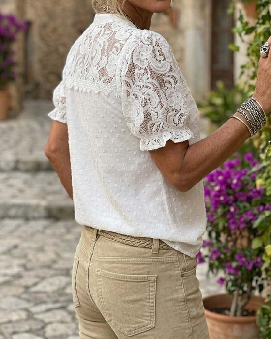 Chemisier Dentelle Patchwork Manche Bouffante Col V