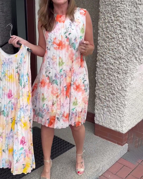 Robe Sans Manches Plissée Fleurie