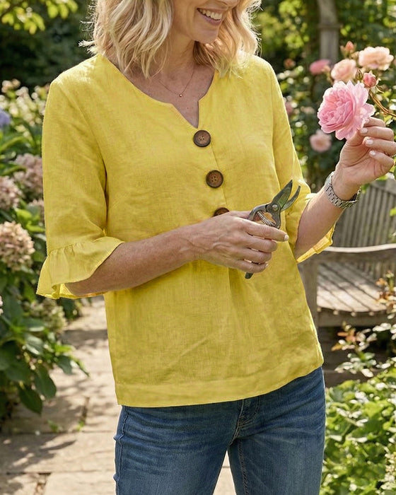 Blouses Unies Coton-Lin Boutons En Bois Volants