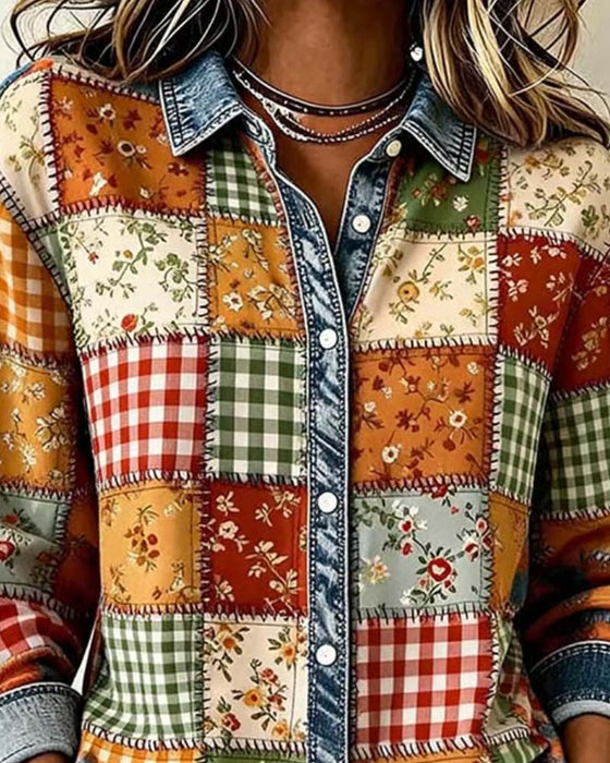 Haut Col Carreau Denim Patchwork