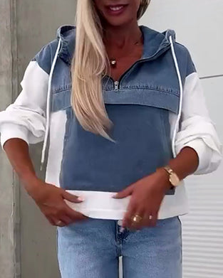Sweat à capuche zippé en patchwork de denim décontracté