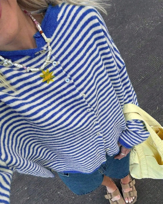 Pullover Col Rond Bouton Devant Rayé