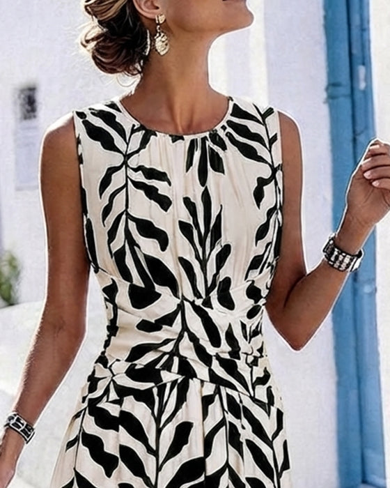 Robe Feuilles Vertes Taille Cintrée Sans Manches