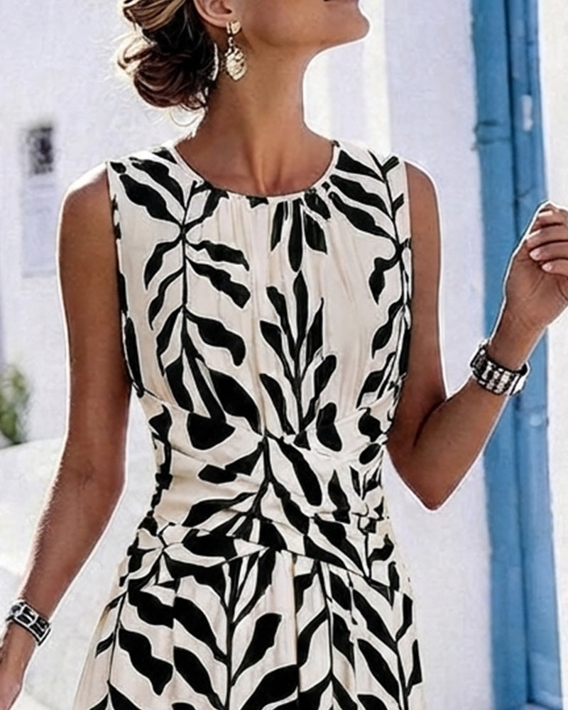 Robe Feuilles Vertes Taille Cintrée Sans Manches