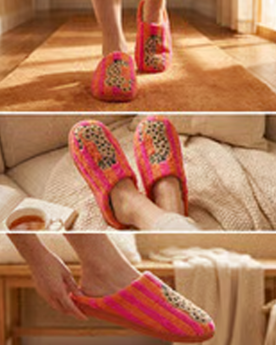 Damen Retro Gestreift & Leopard Flauschige Pantoffeln