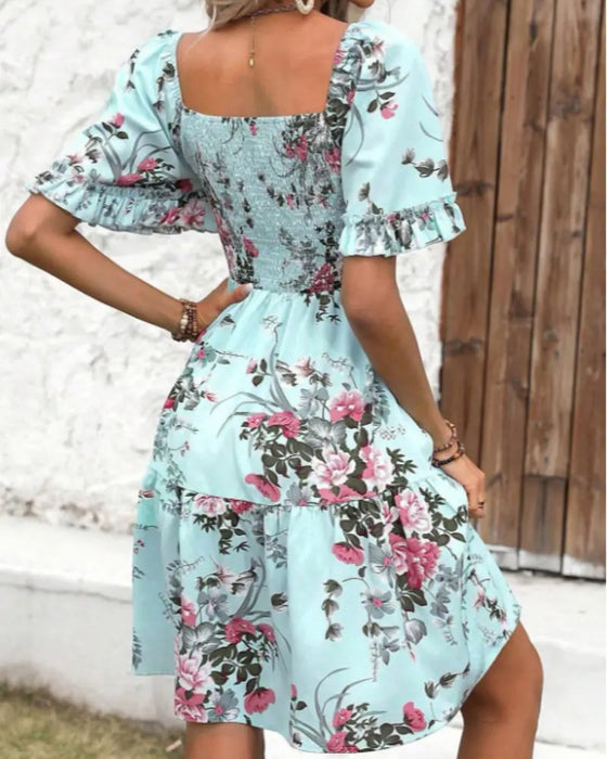 Robe Col Carré Florale Taille A-Ligne