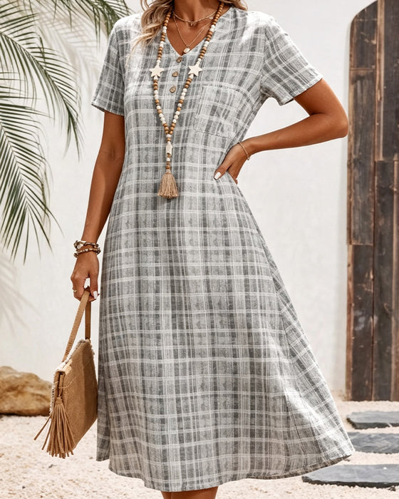 Robe Col V Bouton Carreau Poche