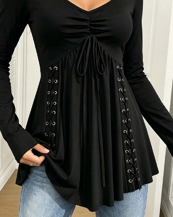 Blouse Col En V Cordon De Serrage Manches Longues