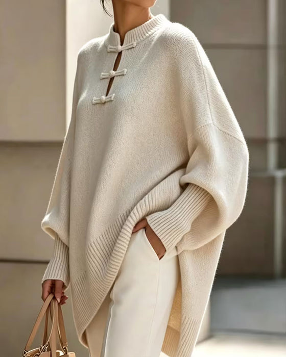 Pullover Col Mandarin Nœud Bouton Coupe Loose Cape