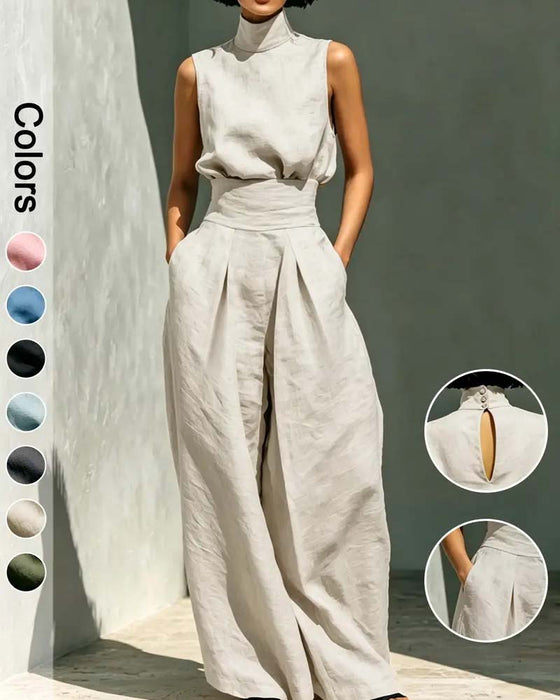 Combinaison Col Haut Sans Manches Large Jambe Taille